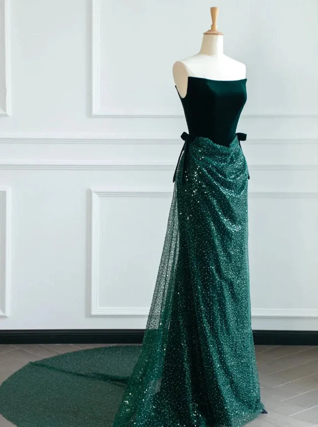 Quyihu Dress Cute Green A Line Strapless Velvet Sequins Long Sweep Evening Dress Graduation Prom Dress