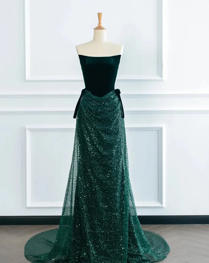 Quyihu Dress Cute Green A Line Strapless Velvet Sequins Long Sweep Evening Dress Graduation Prom Dress