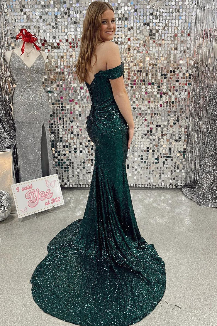 Quyihu Dress Cute Mermaid Off the Shoulder Dark Green Sequins Prom Dresses with Slit