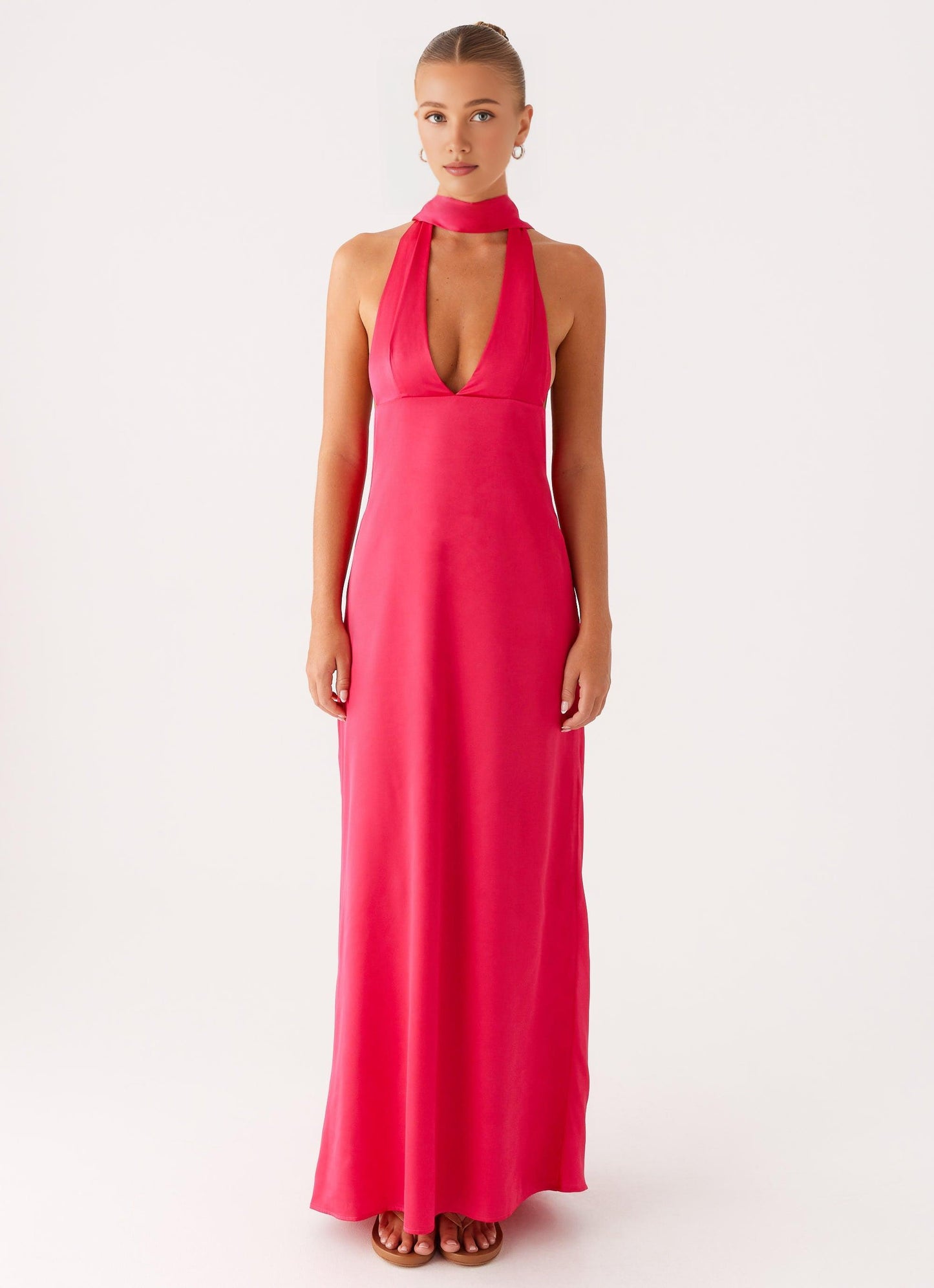 Quyihu Dress Deep V Neck Maxi Dress Sleeveless Fuchsia Chic Backless Prom Dress With Scarf