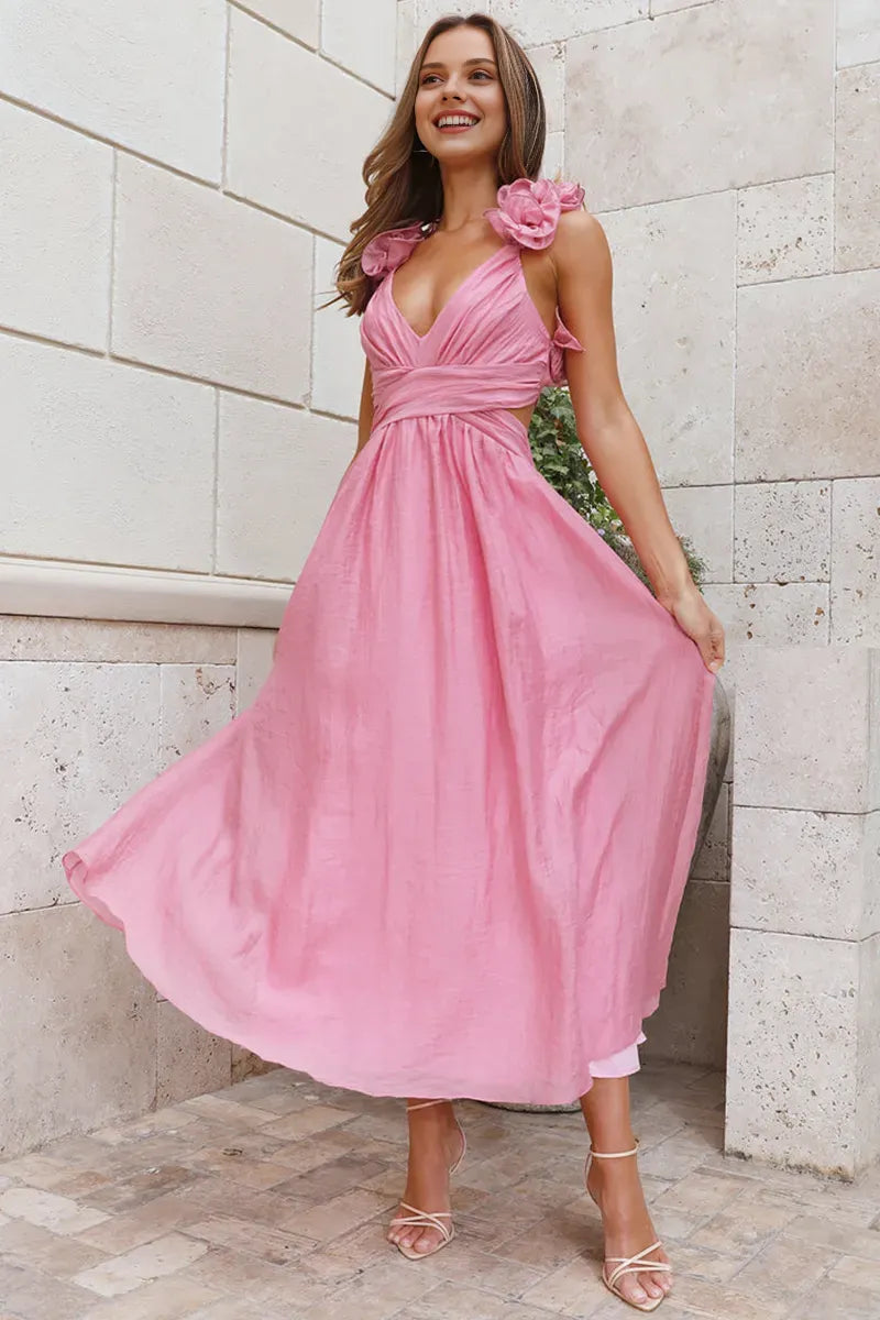 Quyihu Dress Deep V Neck Petal Decor Lace Up Backless A-Line Midi Dresses Pink Prom Dress
