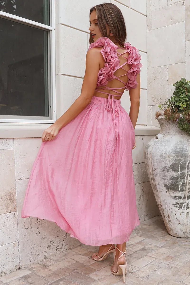 Quyihu Dress Deep V Neck Petal Decor Lace Up Backless A-Line Midi Dresses Pink Prom Dress