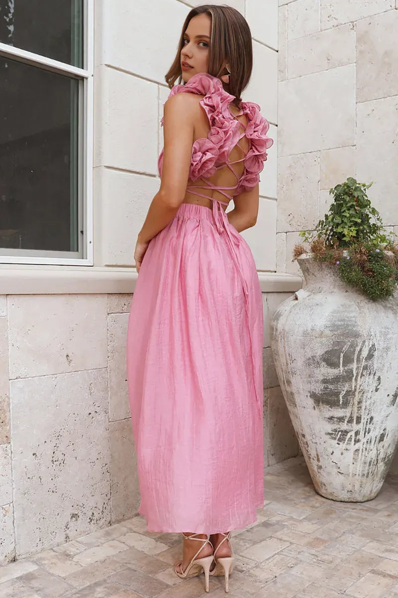Quyihu Dress Deep V Neck Petal Decor Lace Up Backless A-Line Midi Dresses Pink Prom Dress