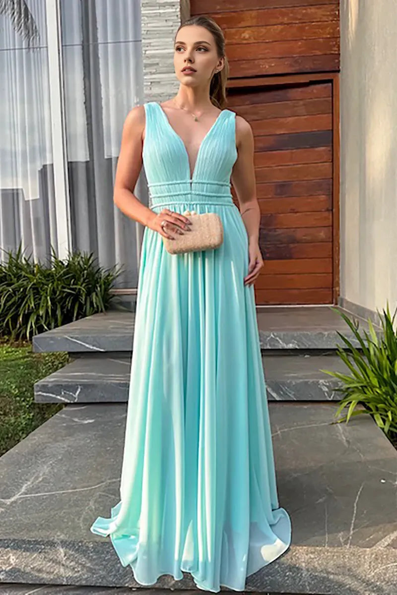 Quyihu Dress Deep V Neck Sleeveless Cinch Waist Plain Gowns Maxi Tank Dresses Blue Prom Dress