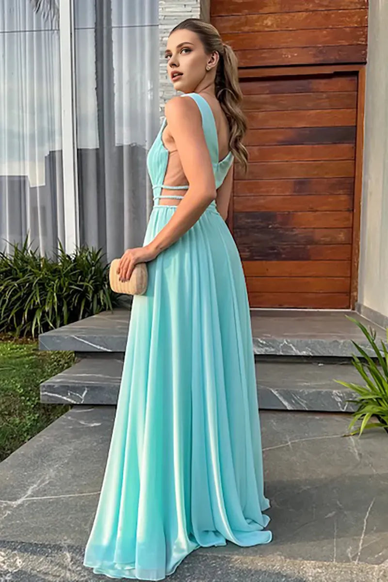 Quyihu Dress Deep V Neck Sleeveless Cinch Waist Plain Gowns Maxi Tank Dresses Blue Prom Dress
