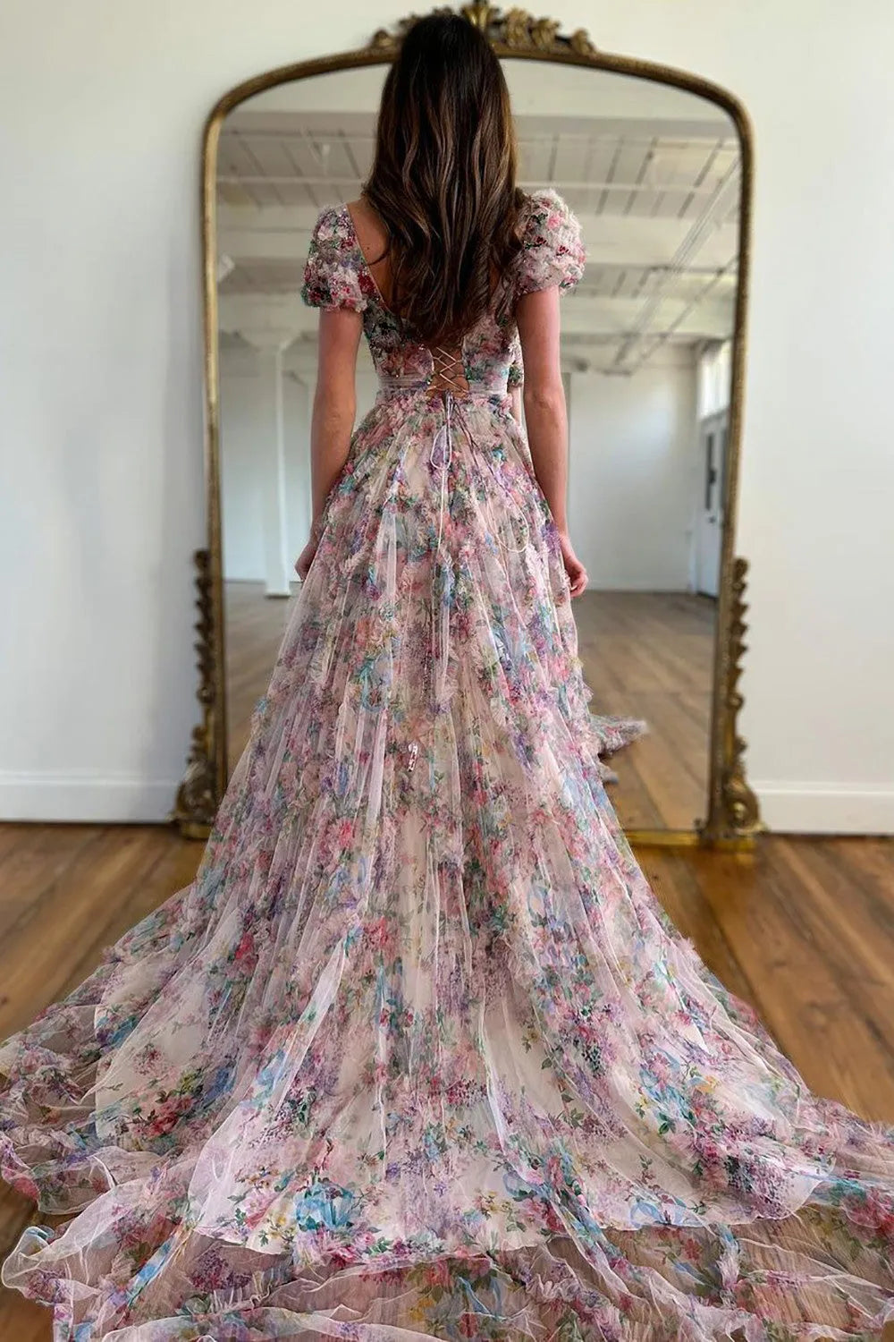 Quyihu Dress Elegant A-Line Square Neck Short Sleeves Maxi Dress Lace Up Open Back Prom Dress