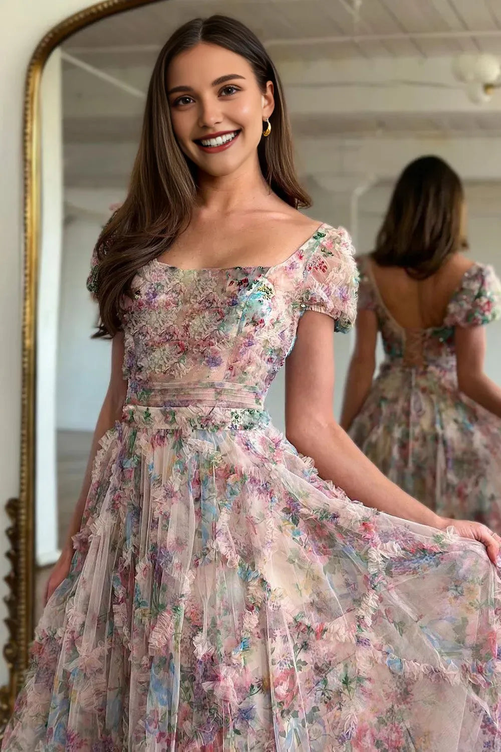 Quyihu Dress Elegant A-Line Square Neck Short Sleeves Maxi Dress Lace Up Open Back Prom Dress