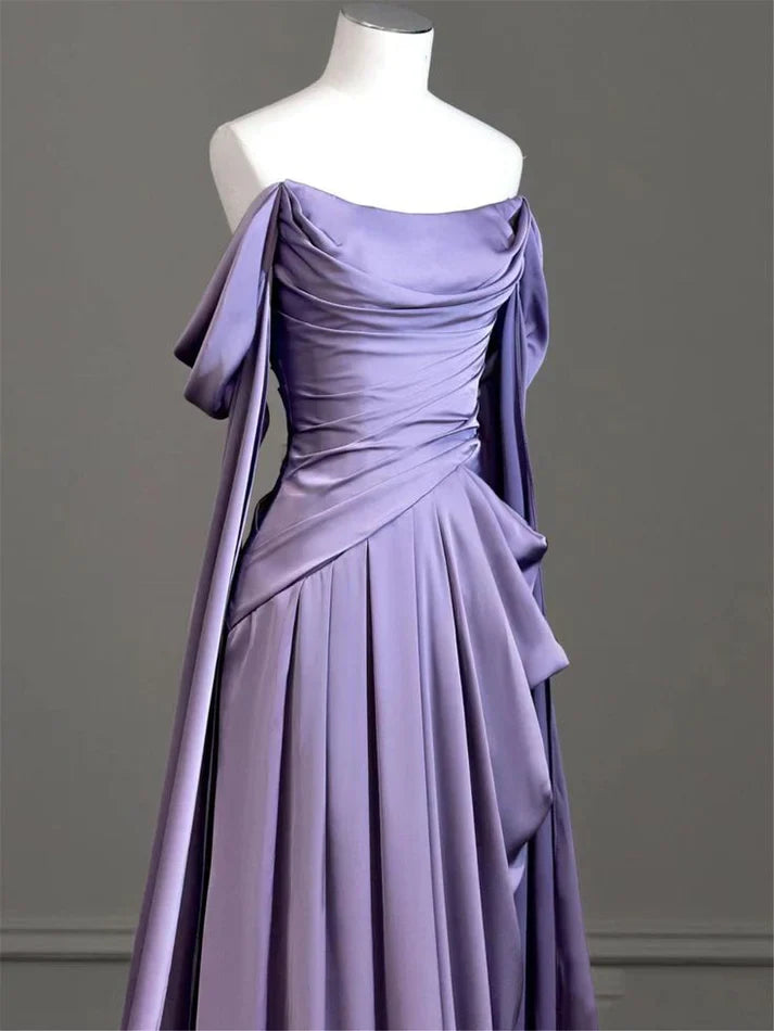 Quyihu Dress Elegant A-line Purple Satin Prom Dress Draped Bodice Formal Party Dress