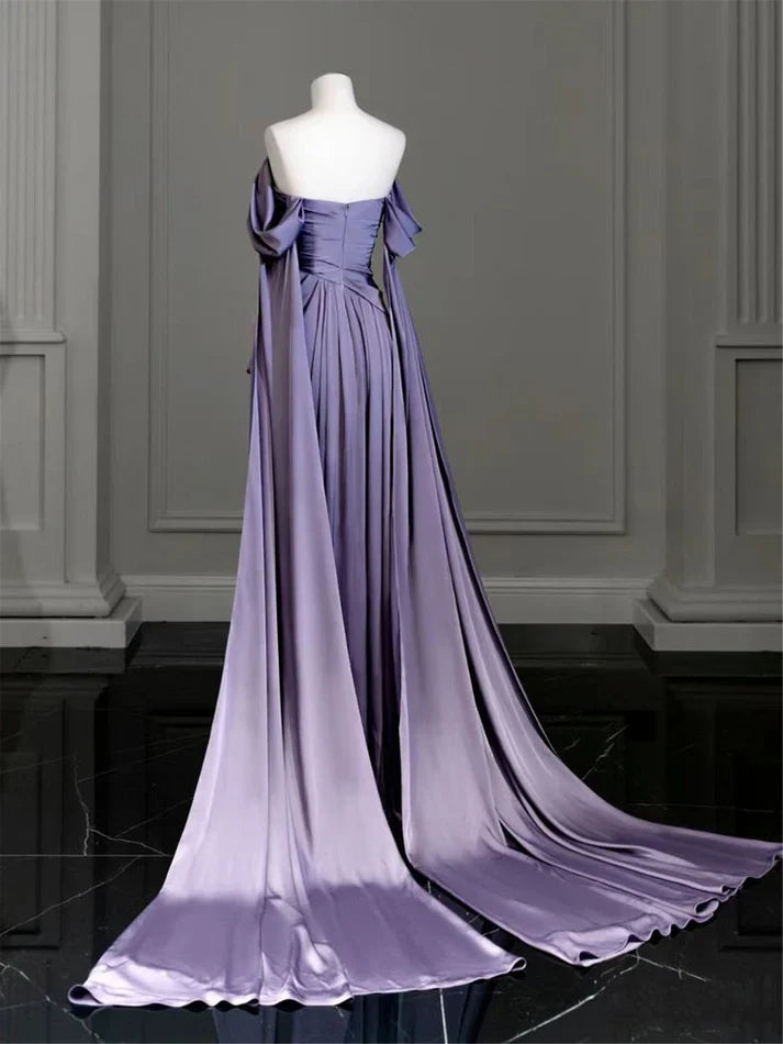 Quyihu Dress Elegant A-line Purple Satin Prom Dress Draped Bodice Formal Party Dress