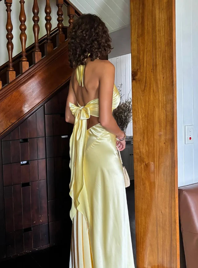 Quyihu Dress Elegant A Line Sleeveless Halter Yellow Bow Satin Open Back Prom Dress Graduation Party Dress