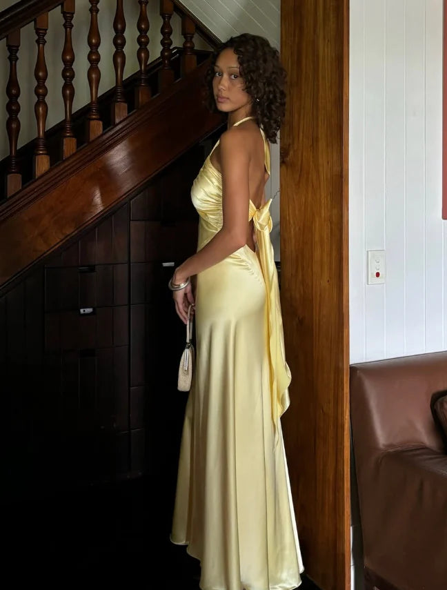 Quyihu Dress Elegant A Line Sleeveless Halter Yellow Bow Satin Open Back Prom Dress Graduation Party Dress