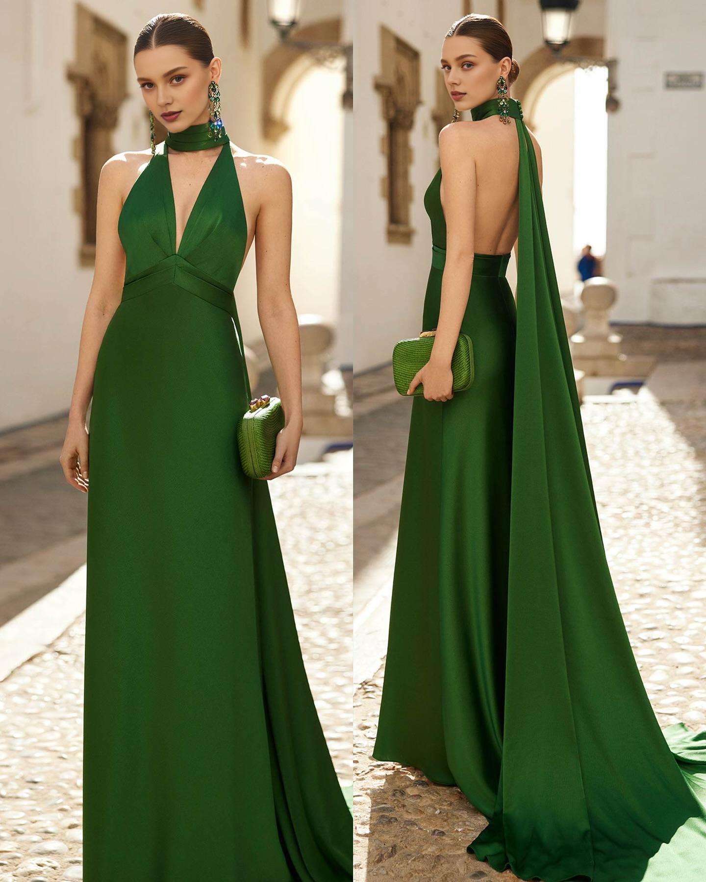 Quyihu Dress Elegant Green Halter V Neck Backless Maxi Dress Prom Dress Evening Dress