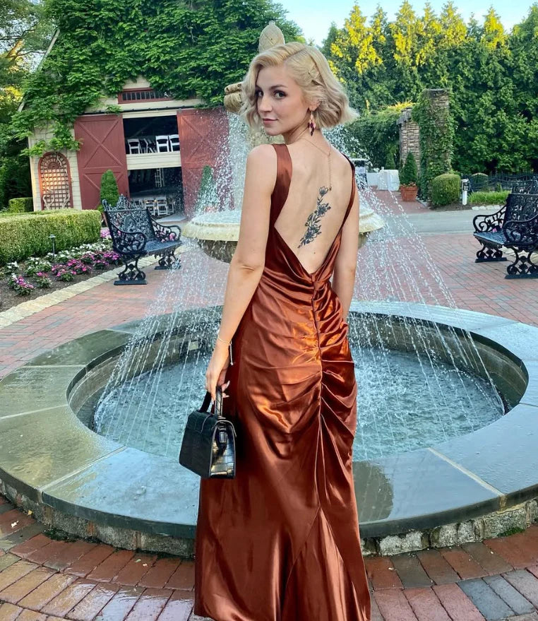 Quyihu Dress Elegant Mermaid Wide Straps Brown Satin Long Sweep Prom Dress Evening Dress Sleeveless Party Dress