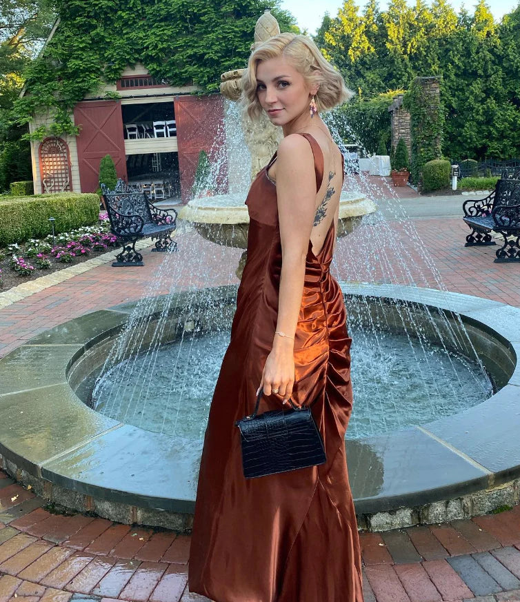 Quyihu Dress Elegant Mermaid Wide Straps Brown Satin Long Sweep Prom Dress Evening Dress Sleeveless Party Dress