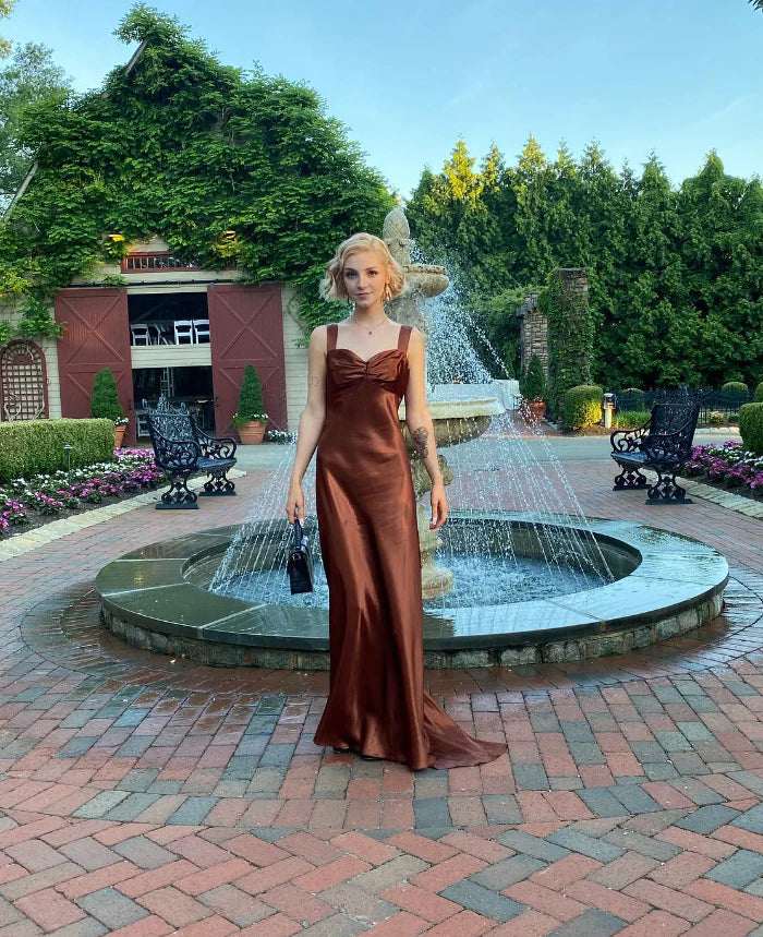 Quyihu Dress Elegant Mermaid Wide Straps Brown Satin Long Sweep Prom Dress Evening Dress Sleeveless Party Dress