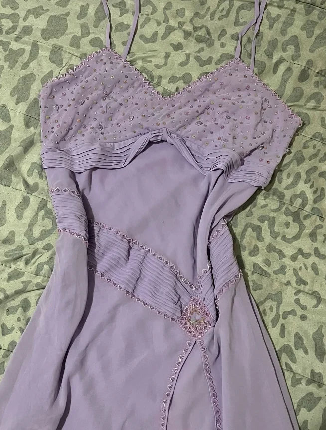 Quyihu Dress Elegant Purple A Line V Neck Spaghetti Strap Beaded Sequin Chiffon Prom Dress Evening Dress