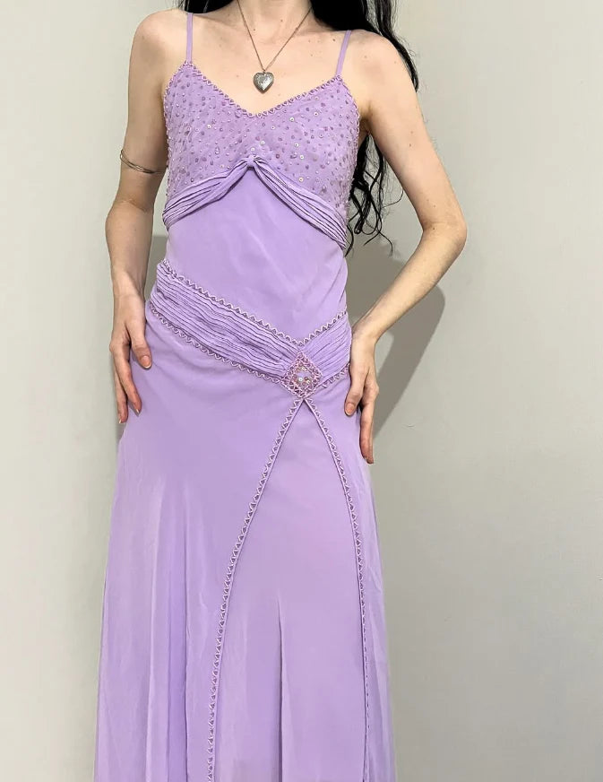Quyihu Dress Elegant Purple A Line V Neck Spaghetti Strap Beaded Sequin Chiffon Prom Dress Evening Dress