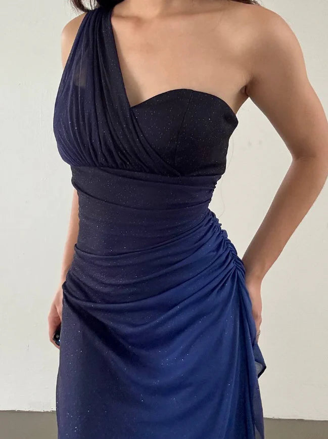 Quyihu Dress Elegant Sheath One Shoulder Navy Blue Ombre Chiffon Long Prom Dress Evening Dress Party Dress