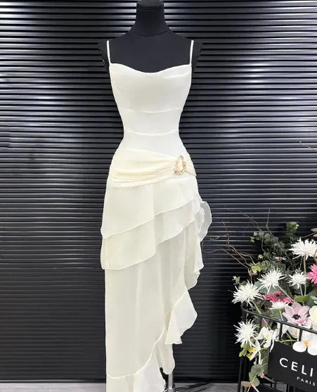 Quyihu Dress Elegant Sheath Spaghetti Strap Ruffle Ivory Chiffon Prom Dress Evening Dress Sleeveless Party Dress