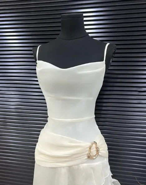 Quyihu Dress Elegant Sheath Spaghetti Strap Ruffle Ivory Chiffon Prom Dress Evening Dress Sleeveless Party Dress