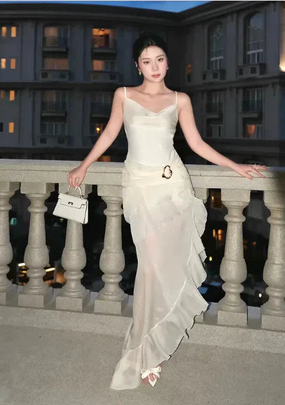 Quyihu Dress Elegant Sheath Spaghetti Strap Ruffle Ivory Chiffon Prom Dress Evening Dress Sleeveless Party Dress