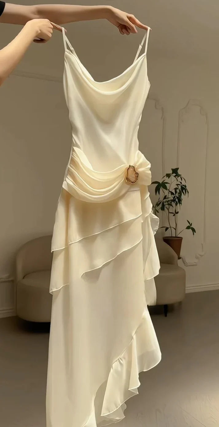 Quyihu Dress Elegant Sheath Spaghetti Strap Ruffle Ivory Chiffon Prom Dress Evening Dress Sleeveless Party Dress
