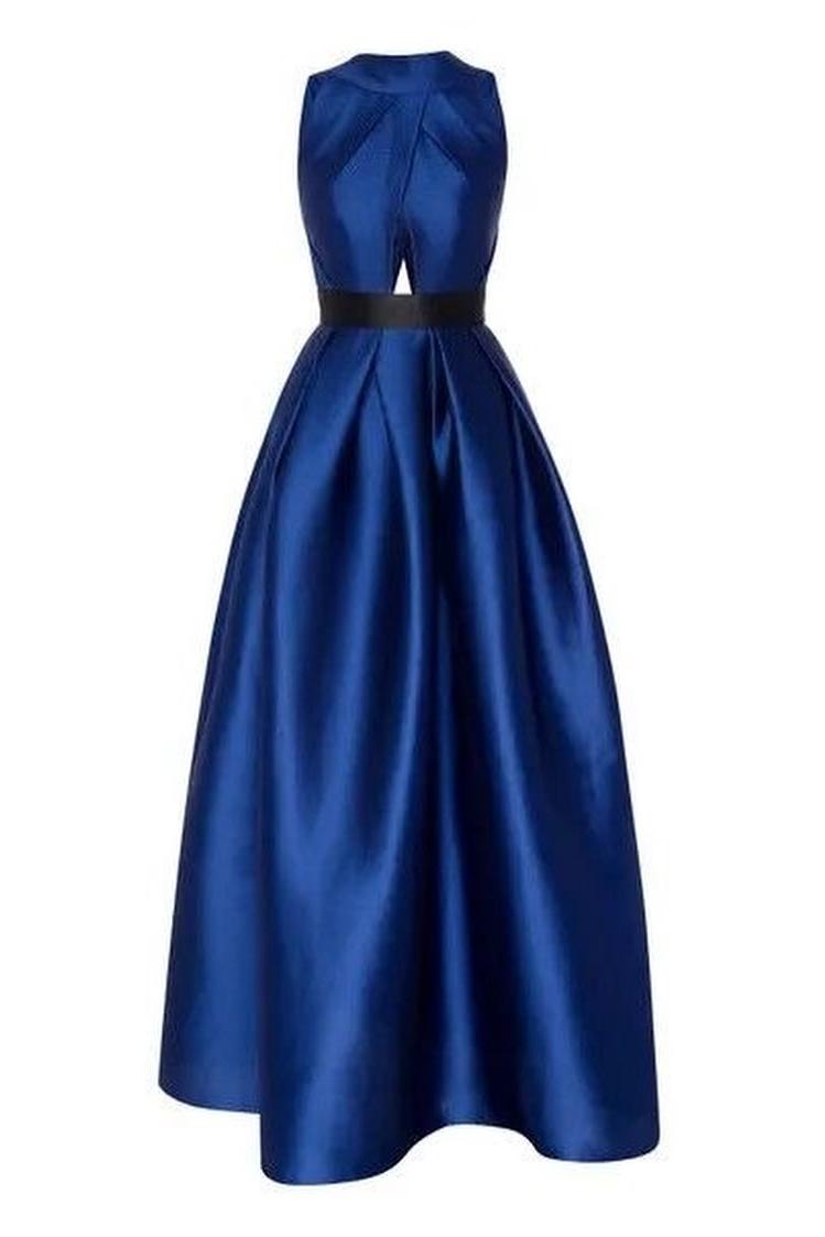 Quyihu Dress Exquisite Royal Blue Satin Halter Strapless Sleeveless A Line Prom Dress with Pleated Evening Dress