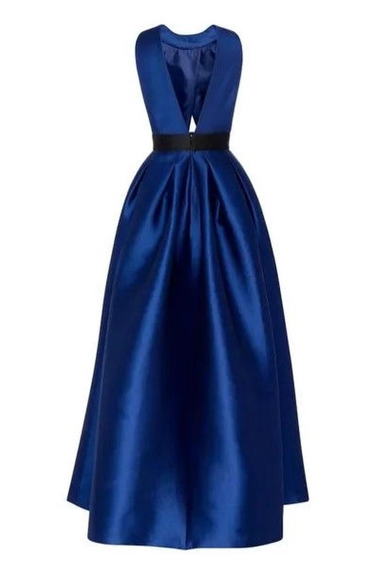 Quyihu Dress Exquisite Royal Blue Satin Halter Strapless Sleeveless A Line Prom Dress with Pleated Evening Dress