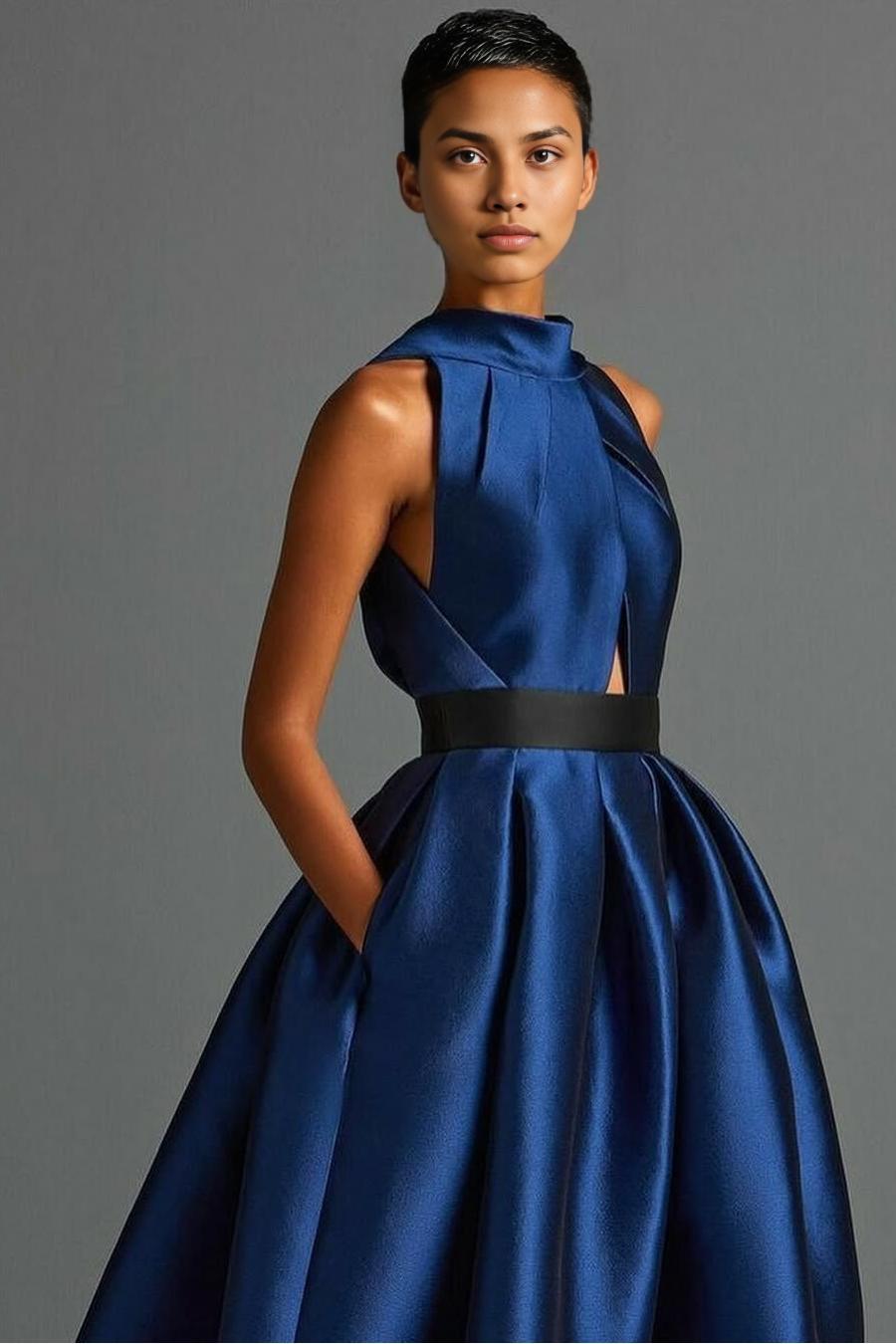Quyihu Dress Exquisite Royal Blue Satin Halter Strapless Sleeveless A Line Prom Dress with Pleated Evening Dress