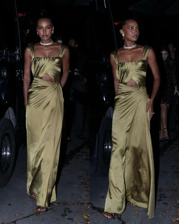 Quyihu Dress Fancy A line Square Neckline Green Satin Long Cutout Waist Prom Dress Evening Dress Formal Dress