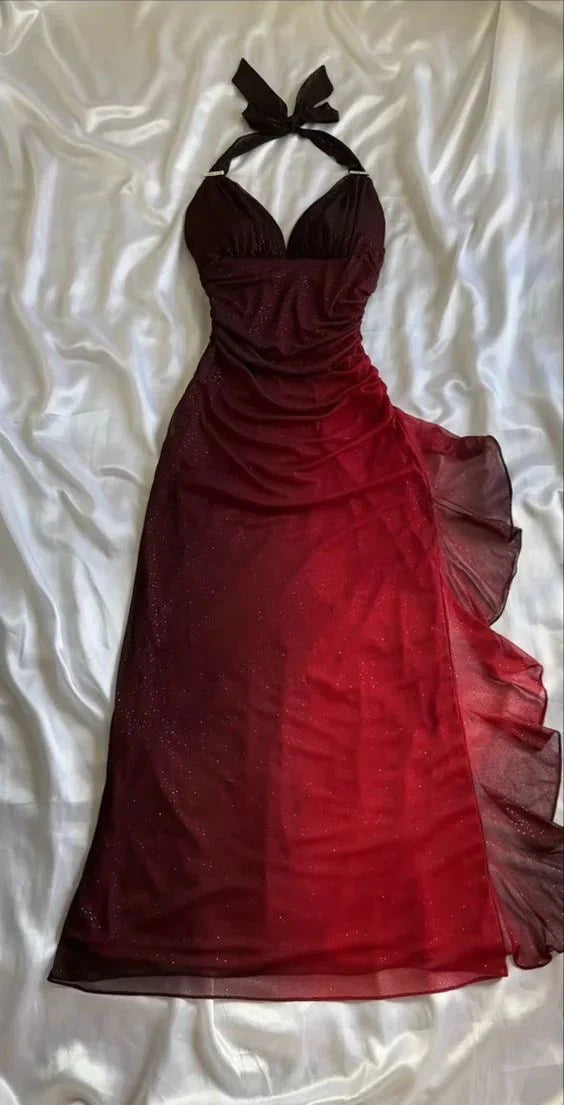 Quyihu Dress Formal Dresses V Neck Sleeveless Pleated Burgundy Prom Dress