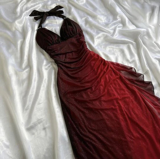 Quyihu Dress Formal Dresses V Neck Sleeveless Pleated Burgundy Prom Dress