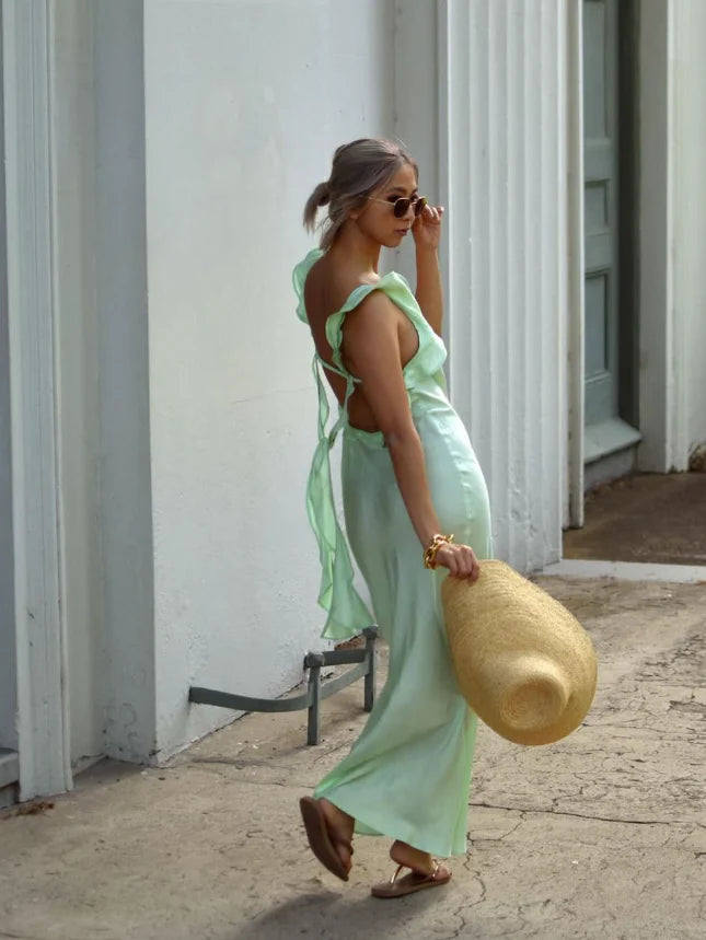 Quyihu Dress Gentle Sheath Straps Ruffle Green Satin Open Back Prom Dress Graduation Party Dress
