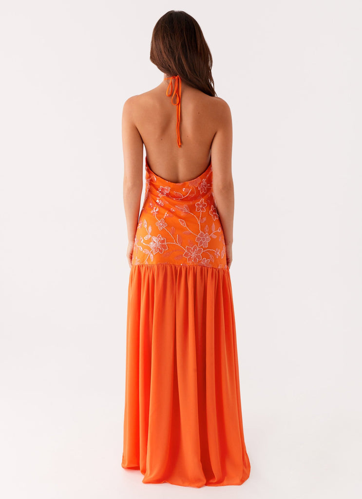 Quyihu Dress Halter Maxi Dress Sleeveless Orange Chic Backless Prom Dress With Hight Slit