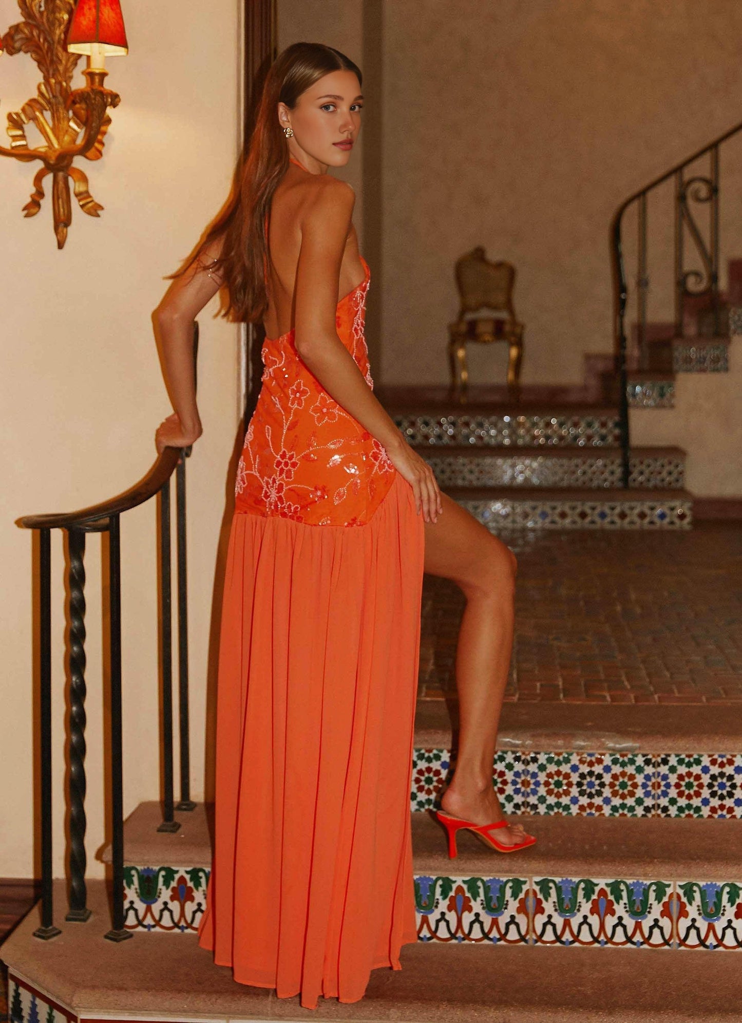 Quyihu Dress Halter Maxi Dress Sleeveless Orange Chic Backless Prom Dress With Hight Slit