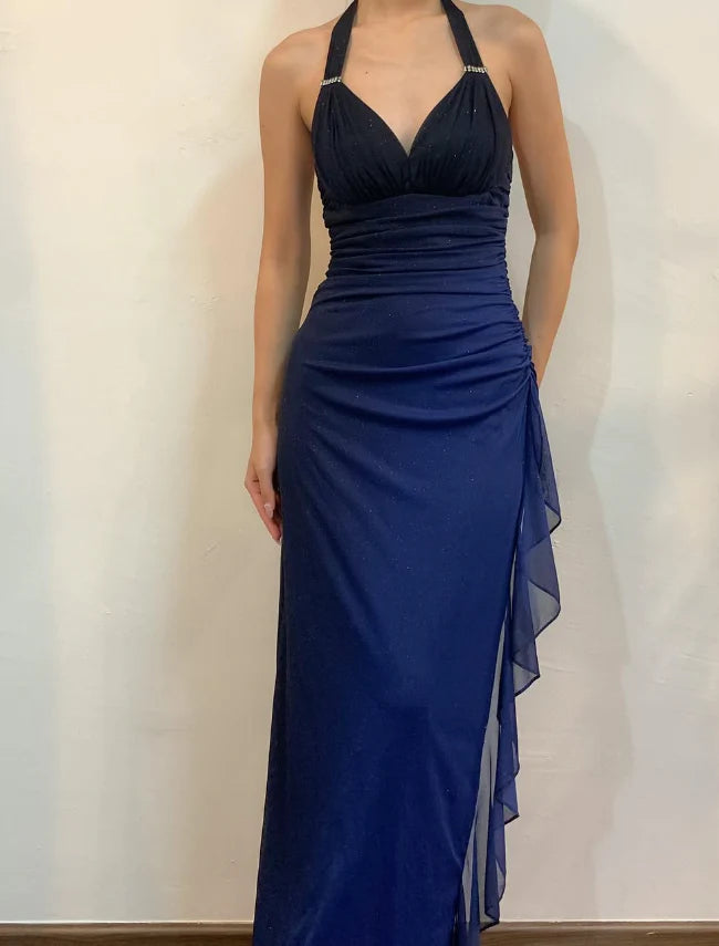 Quyihu Dress Halter Sleeveless Ombre Navy Blue Long Chiffon Prom Dress