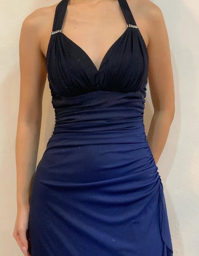 Quyihu Dress Halter Sleeveless Ombre Navy Blue Long Chiffon Prom Dress