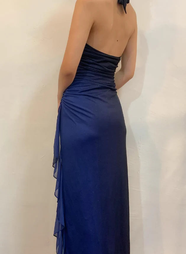 Quyihu Dress Halter Sleeveless Ombre Navy Blue Long Chiffon Prom Dress