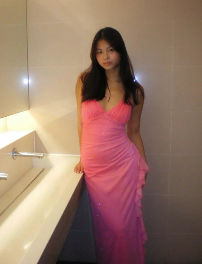 Quyihu Dress Halter Sleeveless Ombre Navy Blue Long Chiffon Prom Dress