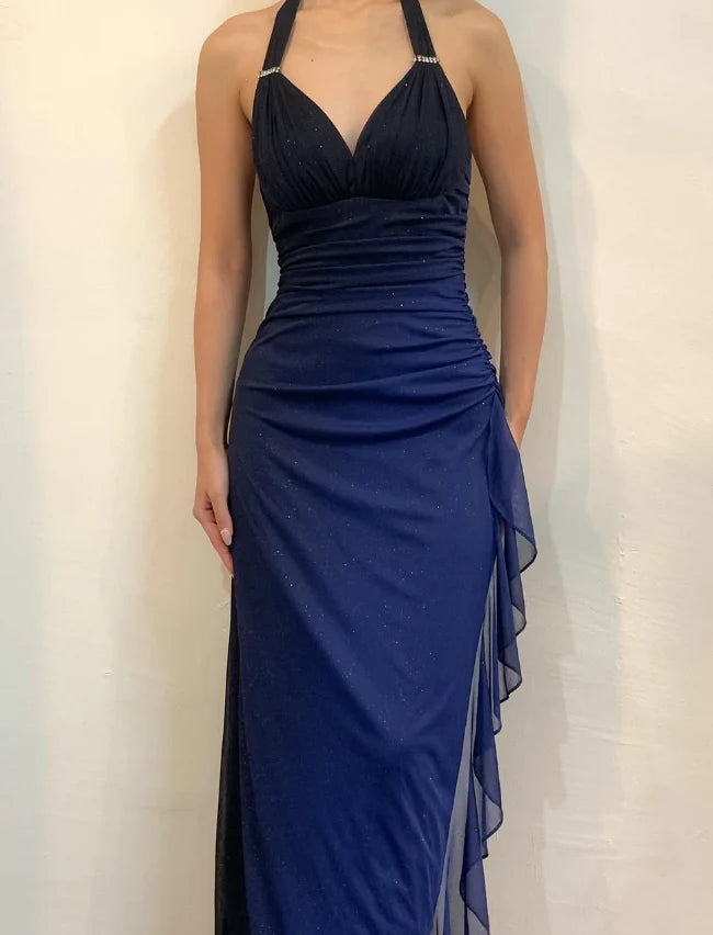Quyihu Dress Halter Sleeveless Ombre Navy Blue Long Chiffon Prom Dress