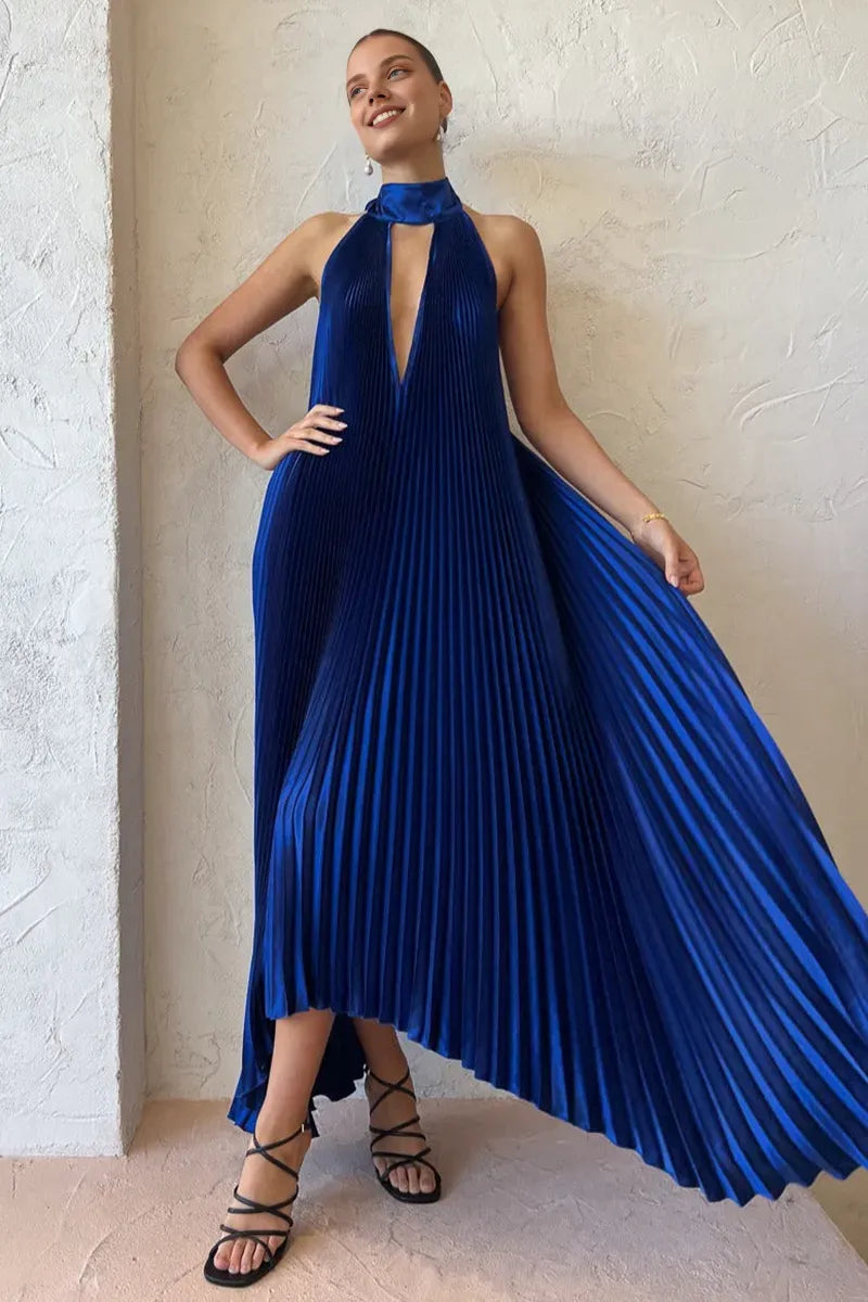 Quyihu Dress Halter Tied Up Cutout Neck Pleated Backless Asymmetric Hem Wedding Guest Maxi Dresses Royal Blue Prom Dress