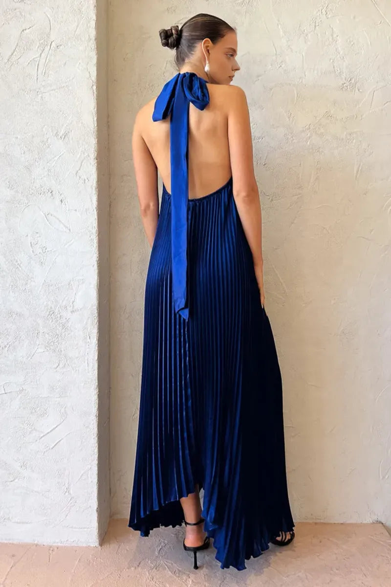 Quyihu Dress Halter Tied Up Cutout Neck Pleated Backless Asymmetric Hem Wedding Guest Maxi Dresses Royal Blue Prom Dress
