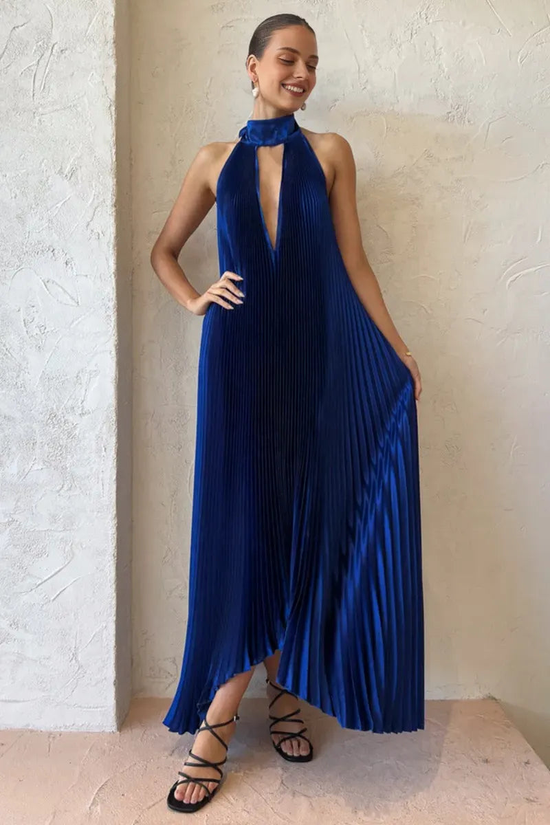 Quyihu Dress Halter Tied Up Cutout Neck Pleated Backless Asymmetric Hem Wedding Guest Maxi Dresses Royal Blue Prom Dress