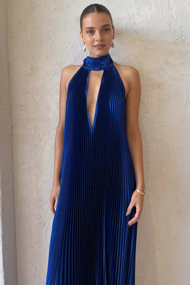 Quyihu Dress Halter Tied Up Cutout Neck Pleated Backless Asymmetric Hem Wedding Guest Maxi Dresses Royal Blue Prom Dress
