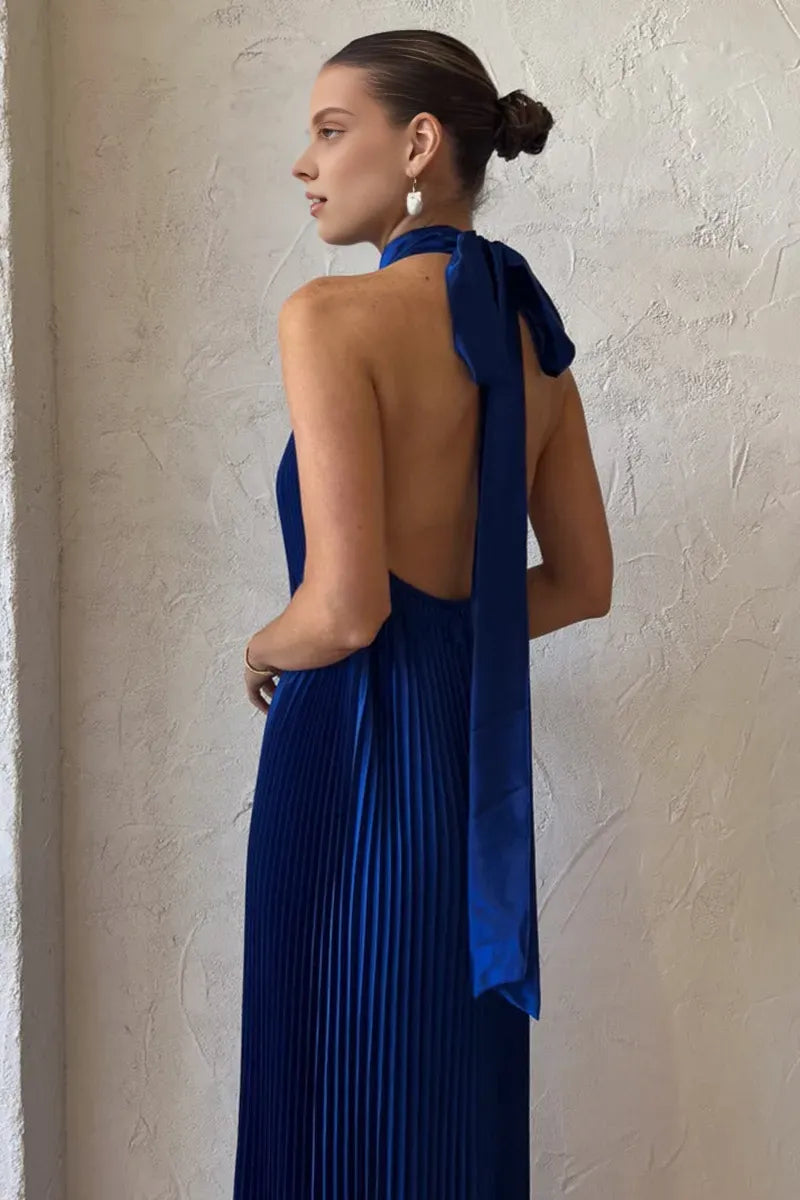 Quyihu Dress Halter Tied Up Cutout Neck Pleated Backless Asymmetric Hem Wedding Guest Maxi Dresses Royal Blue Prom Dress