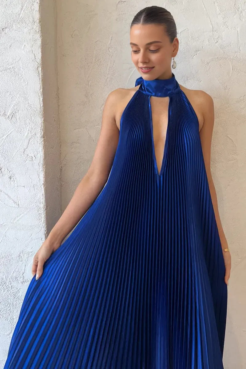 Quyihu Dress Halter Tied Up Cutout Neck Pleated Backless Asymmetric Hem Wedding Guest Maxi Dresses Royal Blue Prom Dress