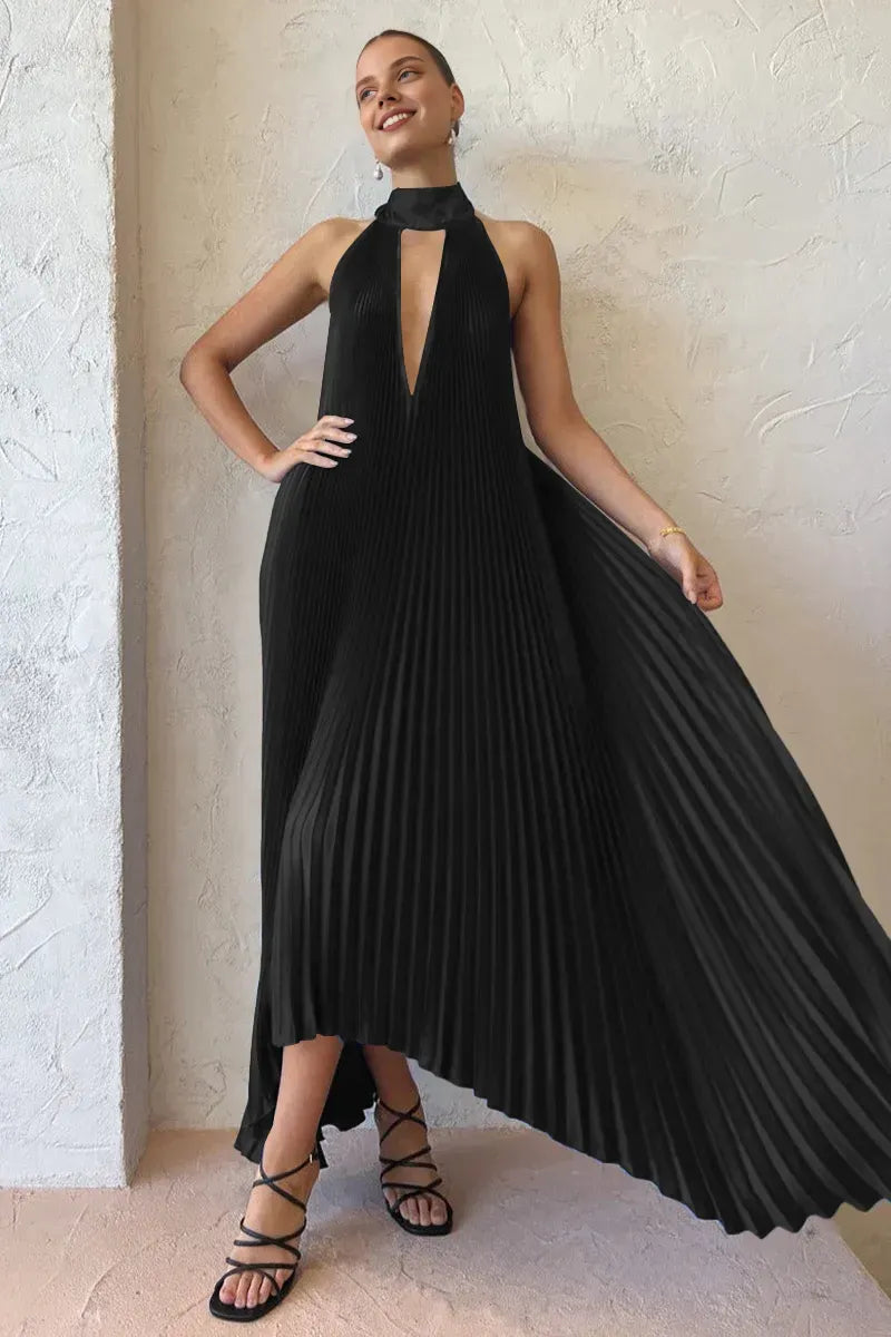 Quyihu Dress Halter Tied Up Cutout Neck Pleated Backless Asymmetric Hem Wedding Guest Maxi Dresses Royal Blue Prom Dress
