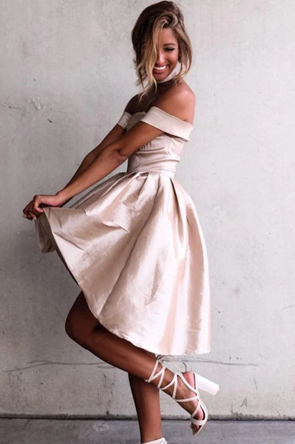 Quyihu Dress High Low Off-the-Shoulder Pleated Satin Homecoming Dress