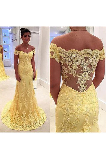 Quyihu Dress Modern Yellow Sheer Lace Appliques Evening Dress Mermaid Off-The-Shoulder
