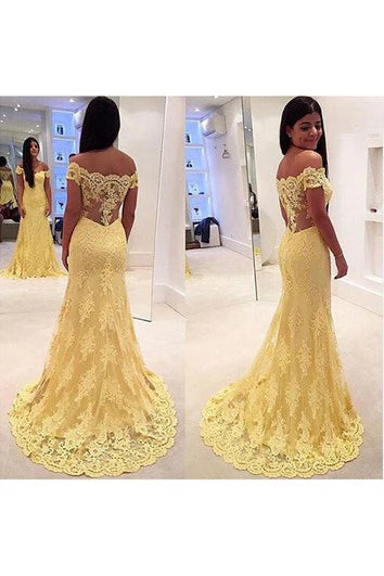 Quyihu Dress Modern Yellow Sheer Lace Appliques Evening Dress Mermaid Off-The-Shoulder
